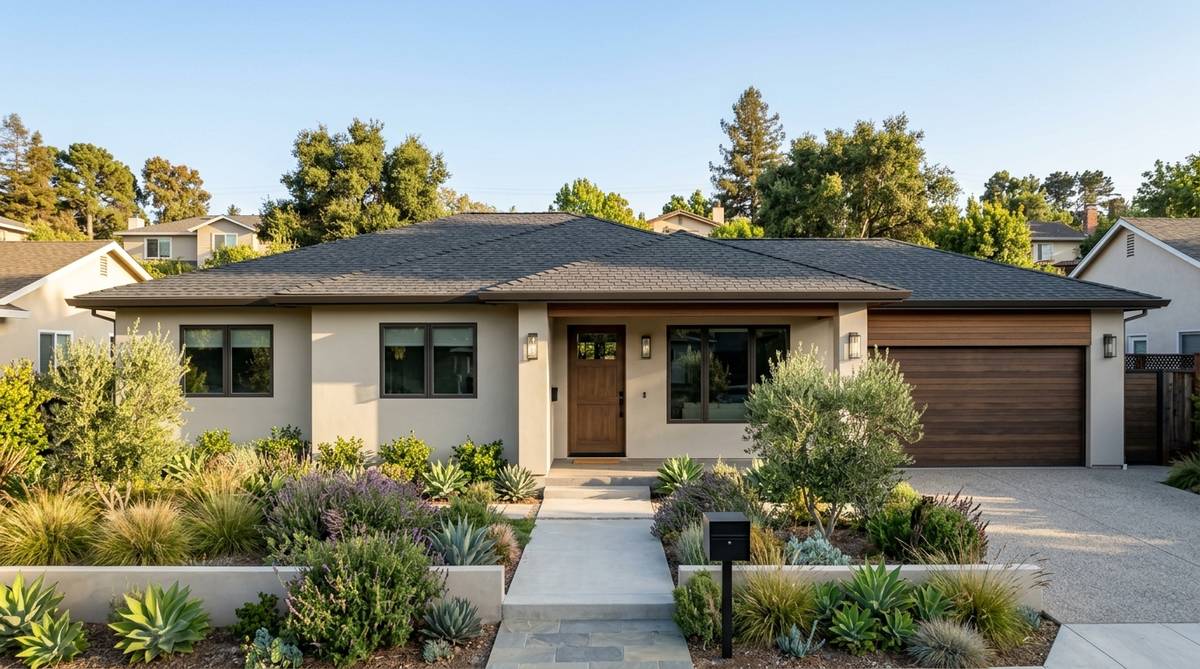 Exterior home renovation roofing upgrade with fresh architectural shingles and warm neutral paint