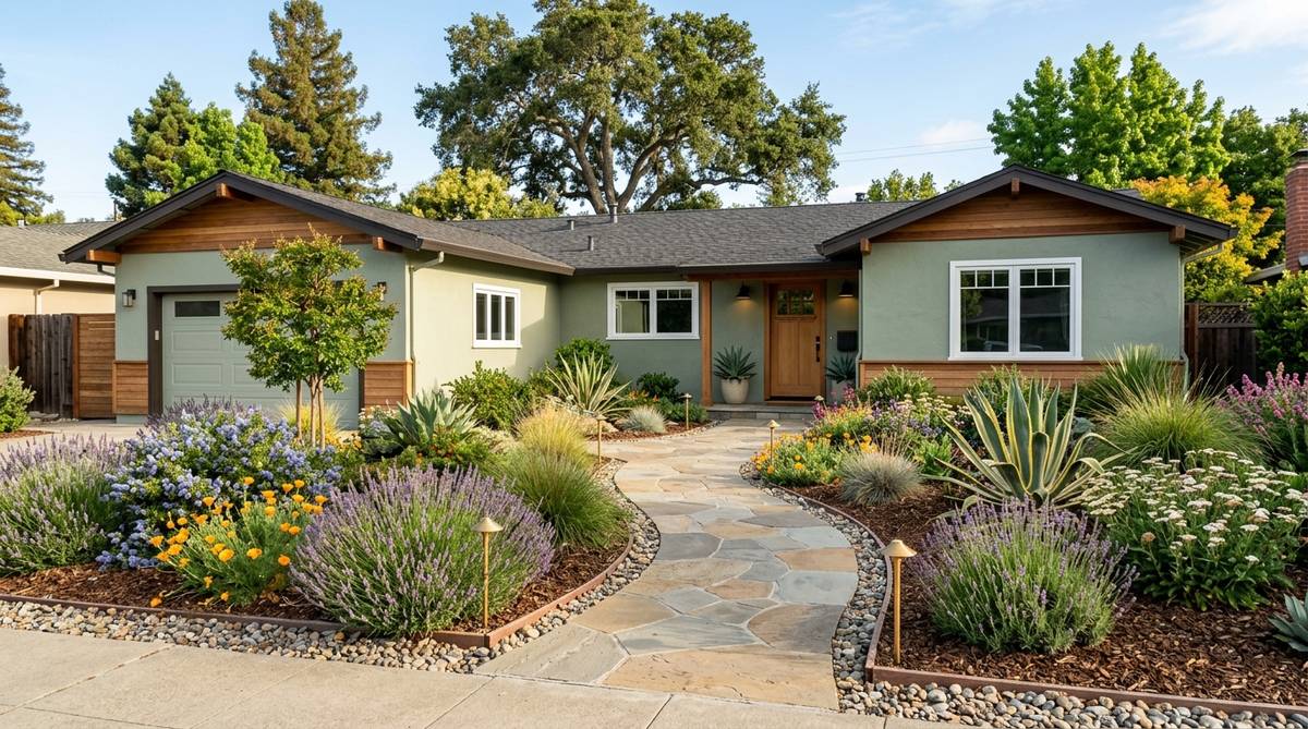 Exterior home renovation landscaping with drought-tolerant planting and strong California curb appeal
