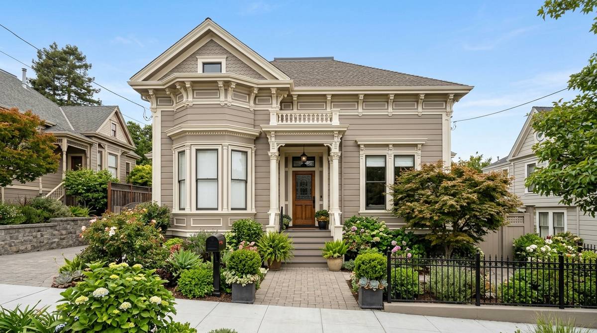 Freshly painted Bay Area house with warm neutral exterior palette and coordinated trim