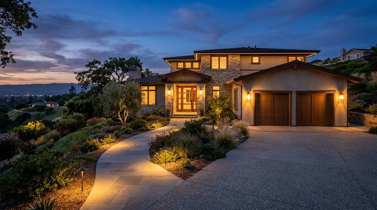 Twilight exterior lighting design on a Bay Area home with path lights and entry sconces