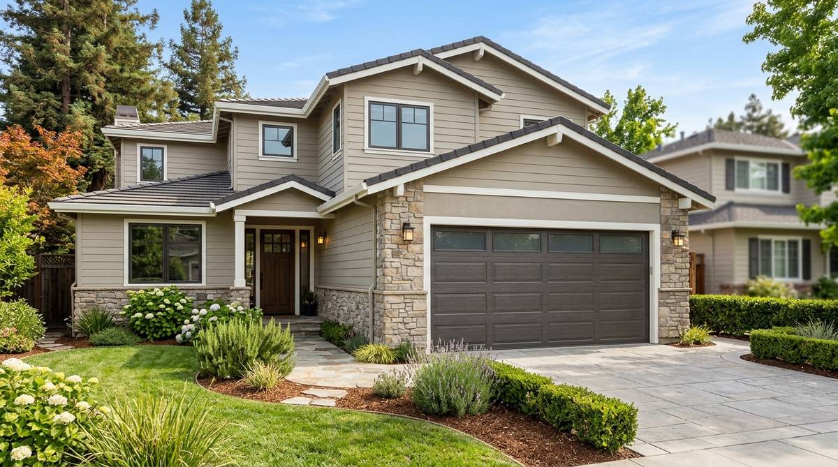 New insulated garage door on a San Jose home with coordinated exterior finishes