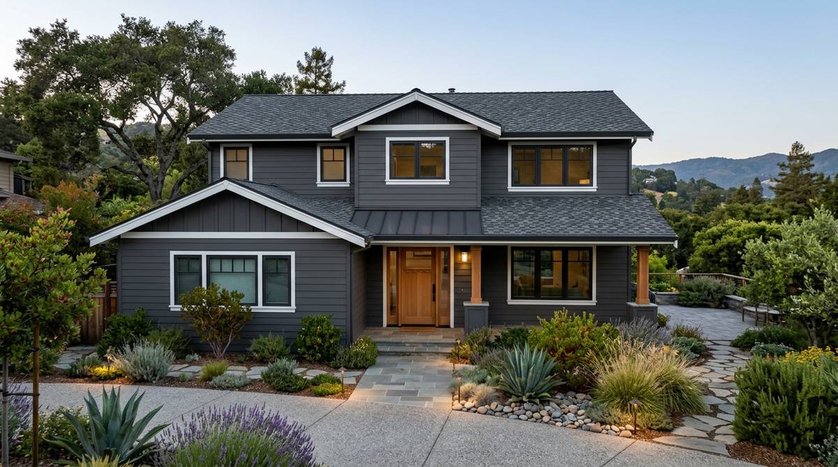 Coordinated Bay Area home exterior showing siding roofing windows paint and landscape together