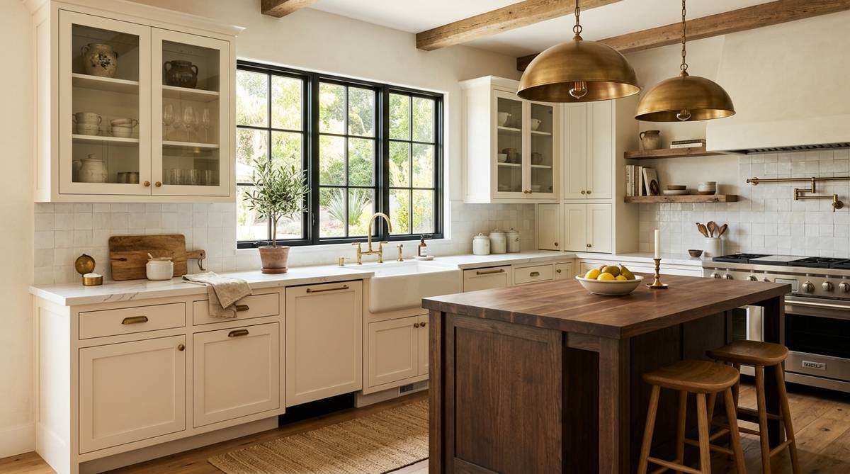 Farmhouse kitchen with warm white shaker cabinets, brass hardware, and quartz counters