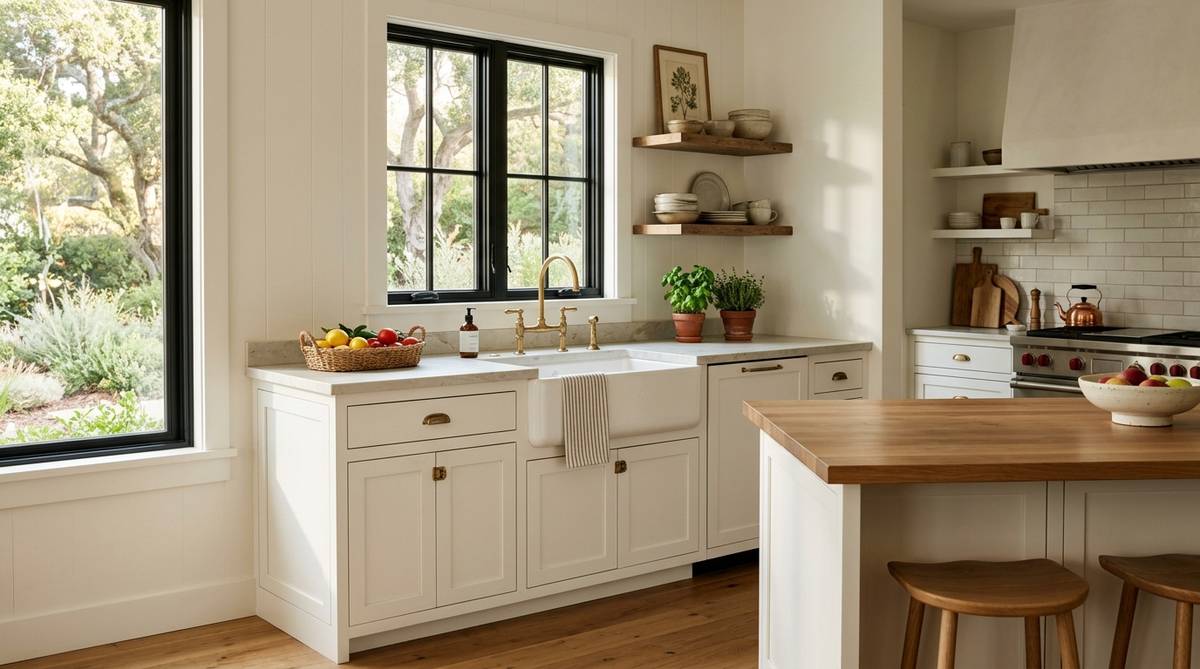 Apron-front farmhouse sink with shaker cabinetry and bridge faucet in a Bay Area kitchen