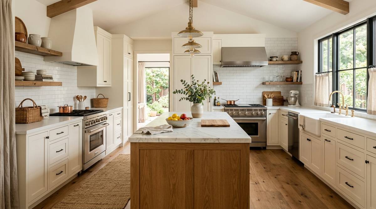Farmhouse kitchen with warm wood island, natural textures, and shaker cabinets