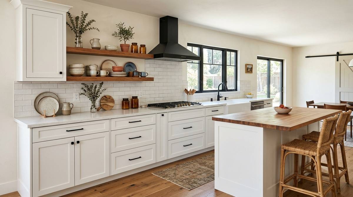 Farmhouse kitchen with selective open shelving, white shaker cabinets, and warm rustic-modern styling