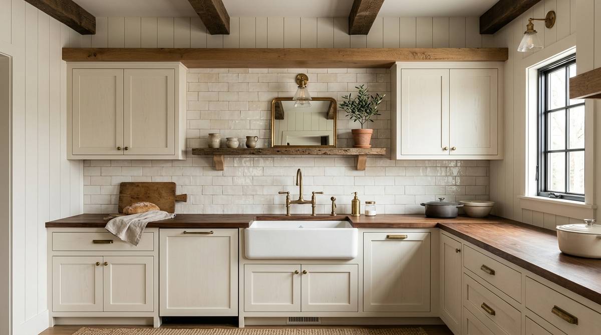 Farmhouse kitchen backsplash with handmade warm white subway tile, apron sink, and rustic-modern details