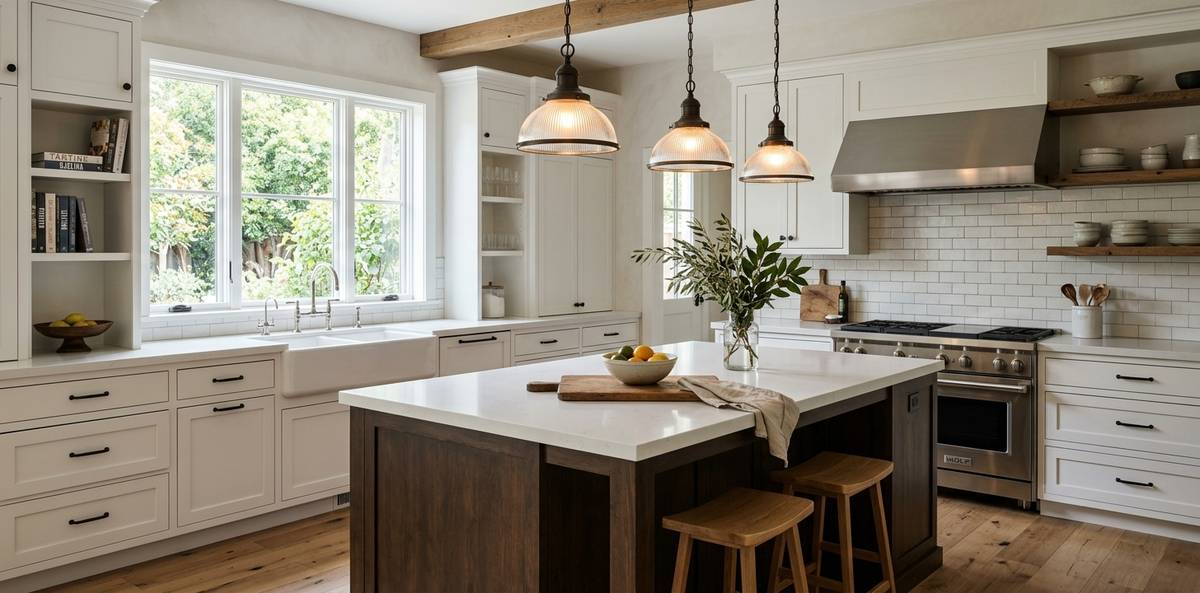 Farmhouse kitchen with vintage-inspired pendant lighting over the island and warm California farmhouse finishes