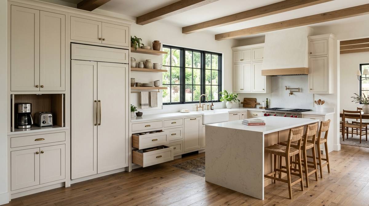 Farmhouse kitchen with integrated appliances, shaker cabinetry, and practical hidden storage details