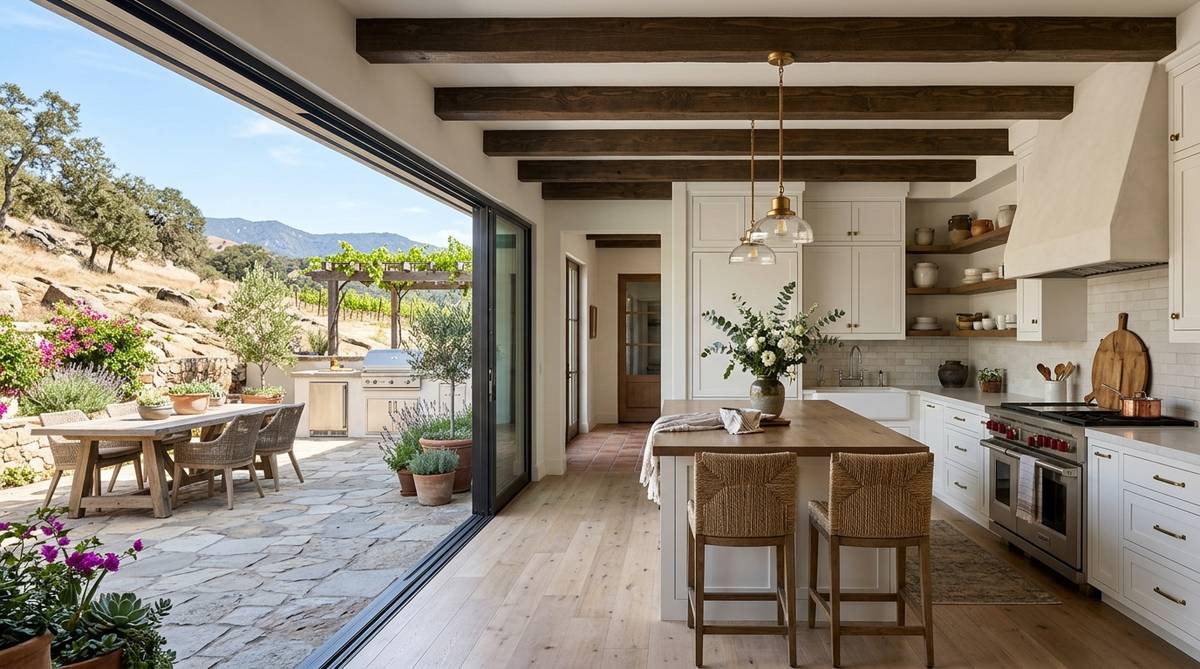 California farmhouse kitchen opening to an outdoor patio with large sliding doors and rustic-modern finishes