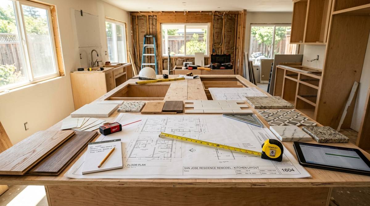 General contractor in San Jose project planning scene with remodel documents and construction materials