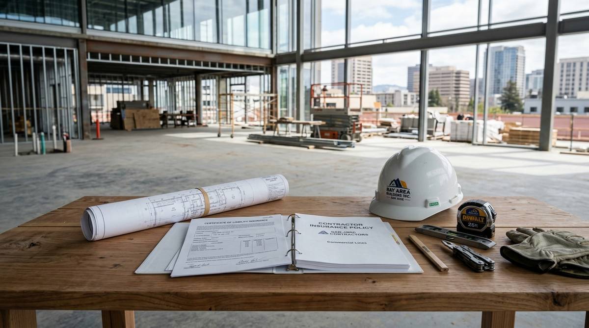 San Jose contractor insurance documents with liability certificate blueprint roll and jobsite tools