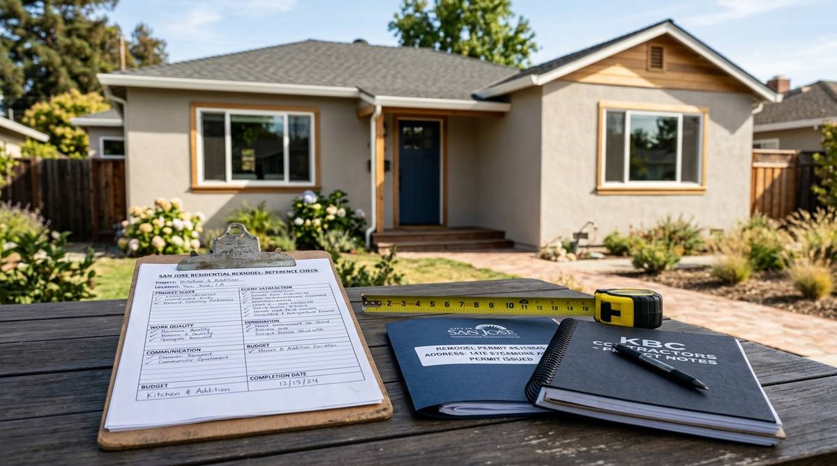 San Jose remodel reference check scene with project checklist permit folder and house exterior