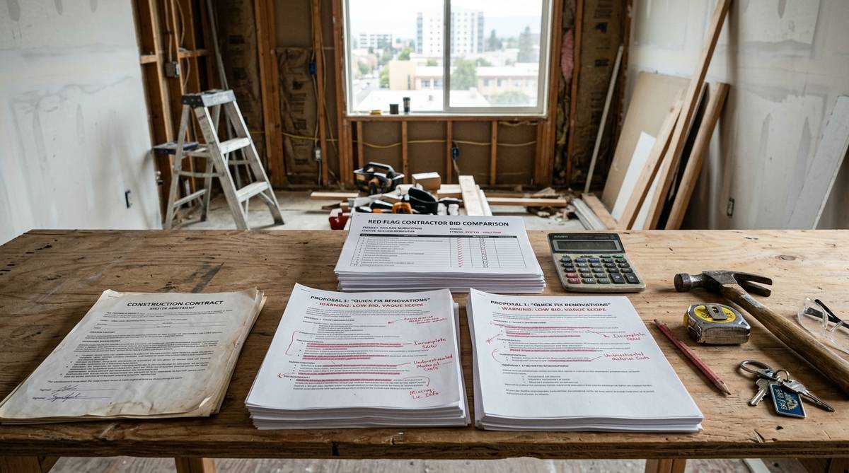 San Jose contractor red flags scene with low bid paperwork contract notes and jobsite tools