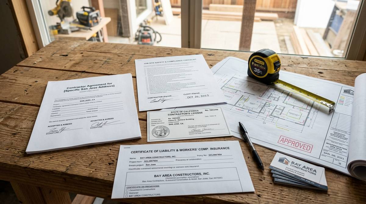 Contractor agreement preparation in San Jose with license paperwork insurance certificate and plans