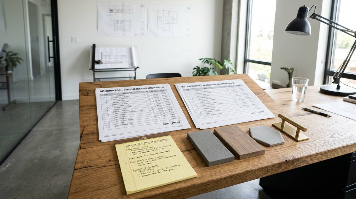 Detailed San Jose remodel bid comparison with line item estimates material samples and permit notes