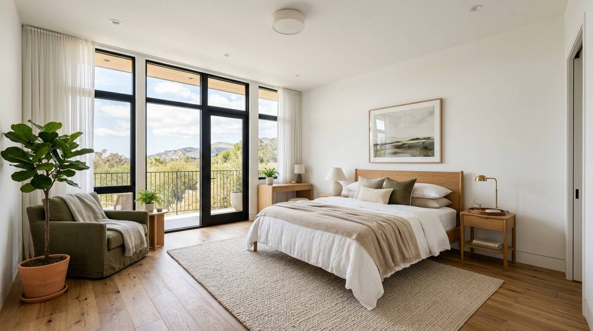 New bedroom addition with large windows, white walls, and oak flooring