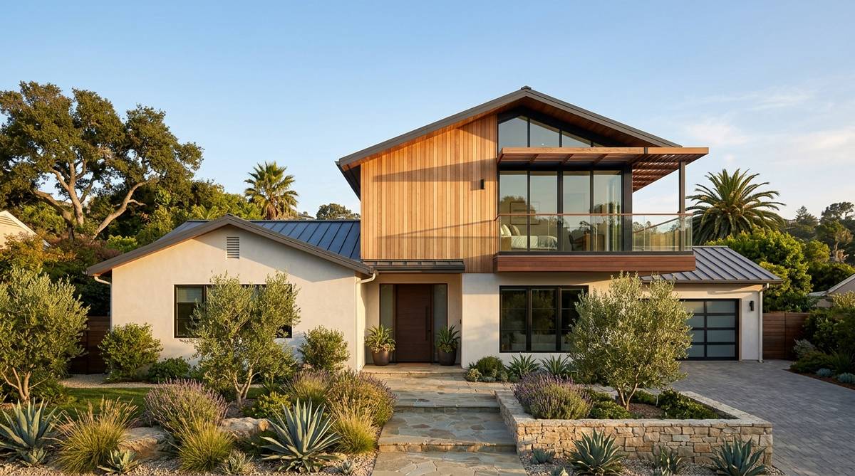 Two-story home addition with a new upper level and coordinated roofline in the Bay Area
