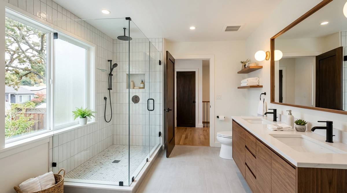 New bathroom addition in a Bay Area home with walk-in shower, vanity, and bright modern finishes