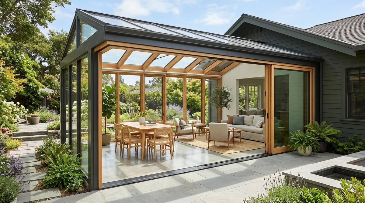 Enclosed patio sunroom addition on a Bay Area home with glass walls and bright indoor-outdoor living