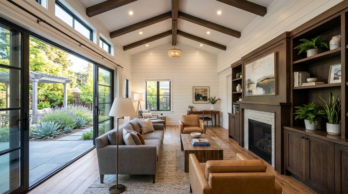 Finished garage conversion addition in the Bay Area transformed into a stylish residential bonus room