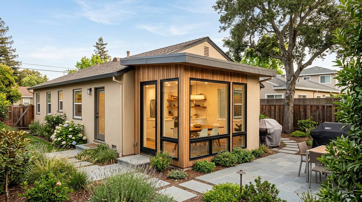 Small bump-out home addition extending a Bay Area kitchen and dining space with realistic exterior design
