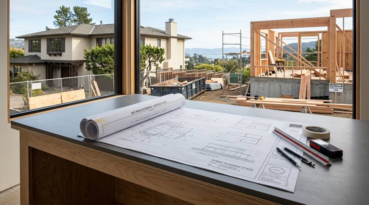 Bay Area residential addition permit planning scene with home exterior and architectural plan set