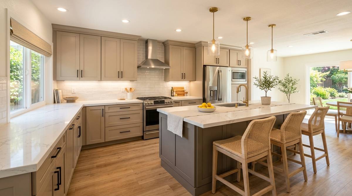 Kitchen remodel cost by tier example with semi-custom cabinets, quartz counters, and a large island