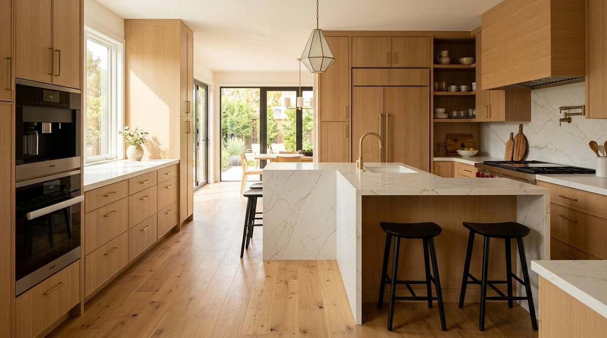 Kitchen remodel component cost example showing custom cabinets, quartz countertops, and built-in appliances