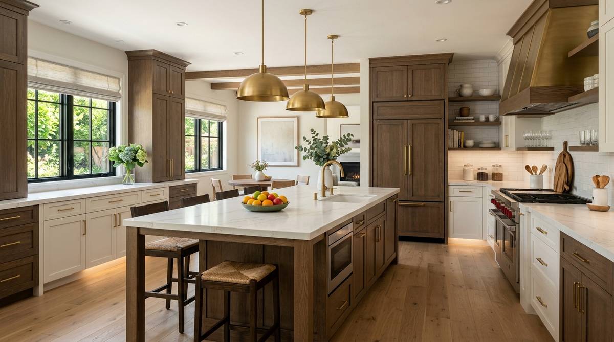Bay Area kitchen remodel with custom cabinetry, paneled refrigerator, and premium island lighting