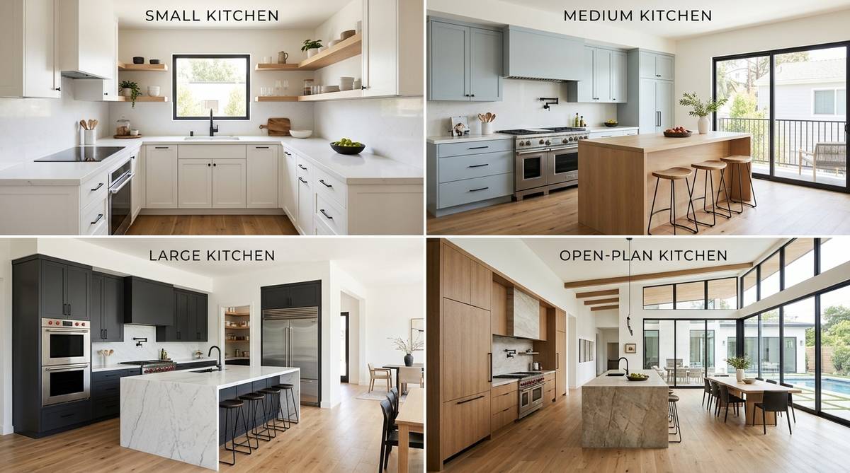 Kitchen size comparison showing small medium large and open-plan layouts