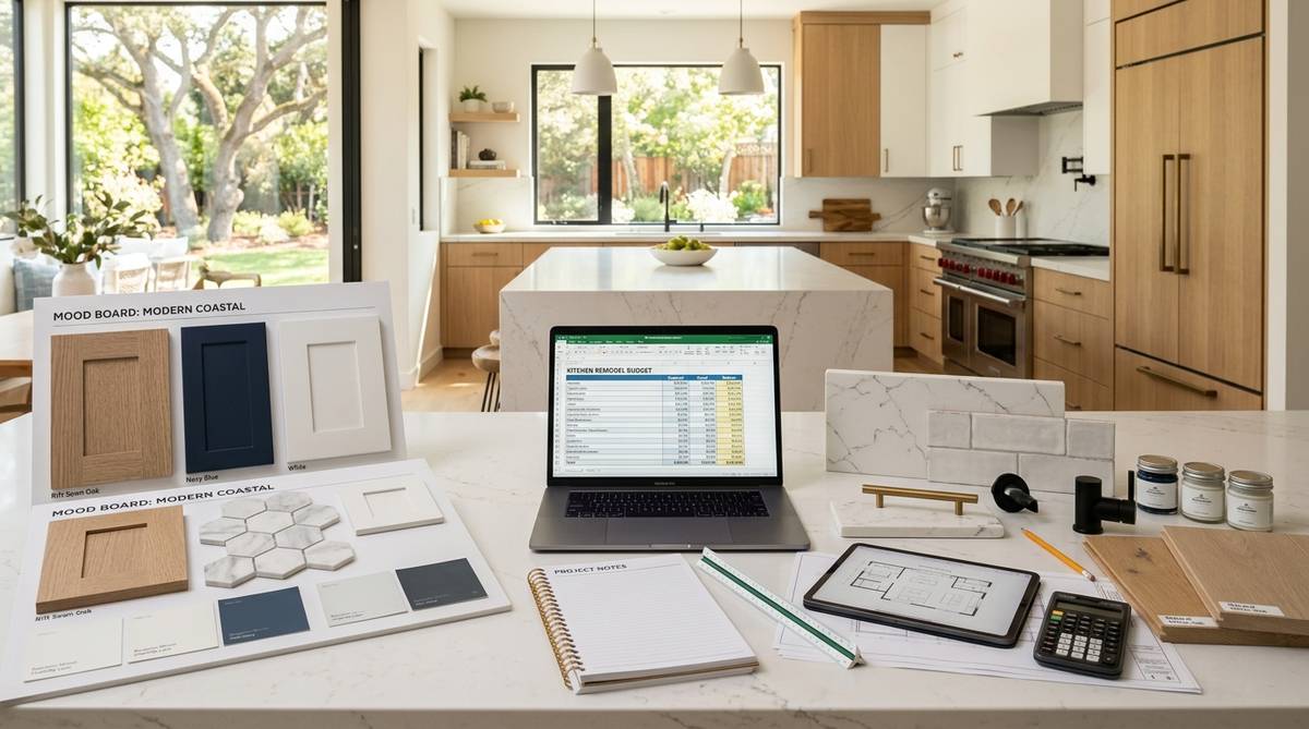 Kitchen remodel budget planning with material samples and cost breakdown