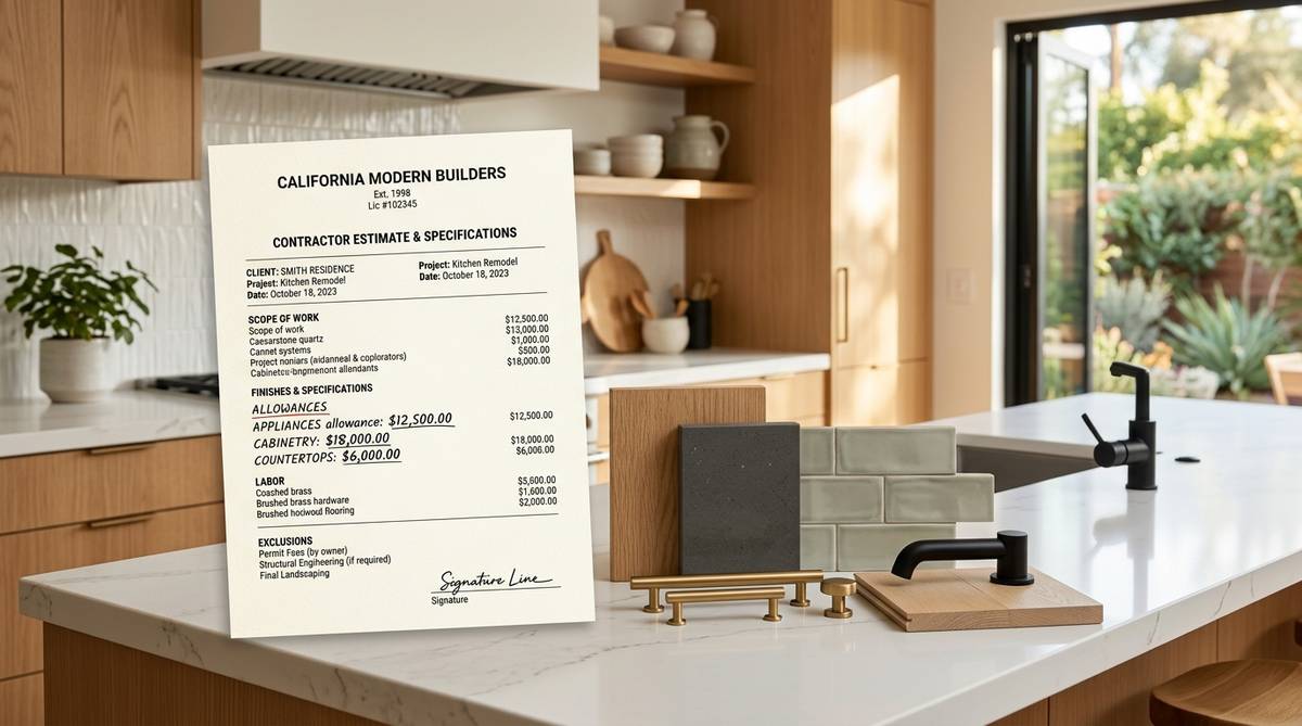 Itemized kitchen remodel estimate with written allowances and exclusions