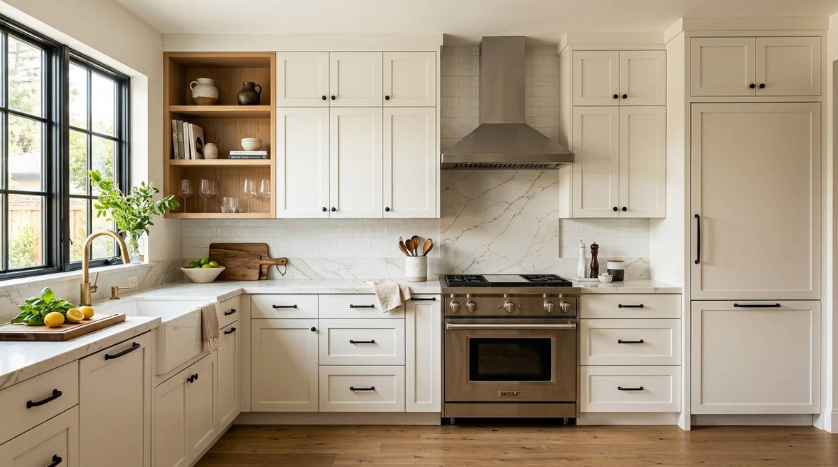 Kitchen cabinet cost by type with shaker cabinetry, quartz countertop, and full cabinet wall