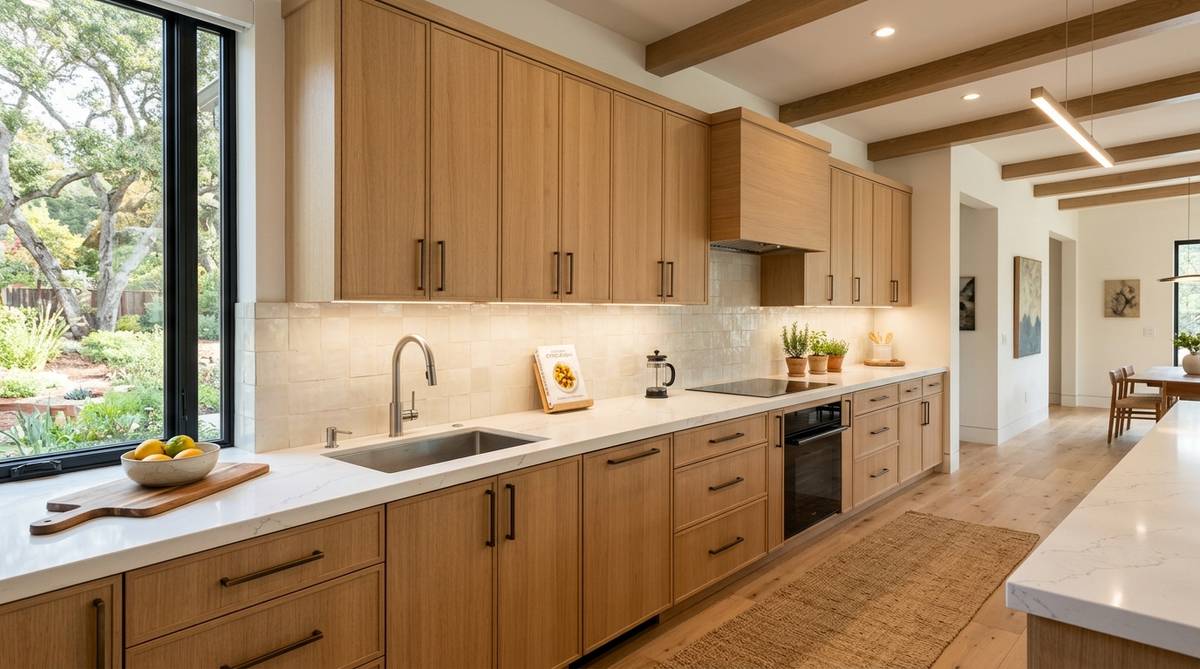 Kitchen cabinet layout showing a long run of upper and lower cabinets with quartz counters