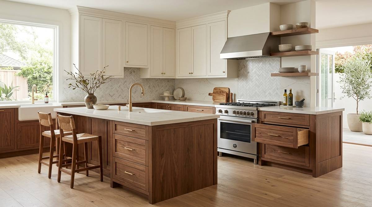 Kitchen cabinets in painted and wood finish materials with shaker doors and soft-close drawers