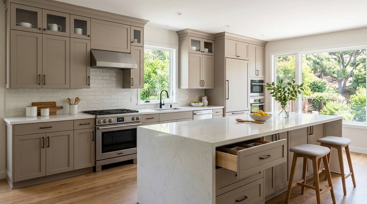 Finished Bay Area kitchen showing a realistic semi-custom cabinet budget scenario with full cabinet wall and island storage