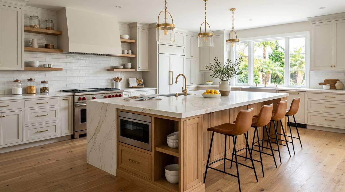 Kitchen island ideas featuring a waterfall quartz island with bar seating and pendant lighting