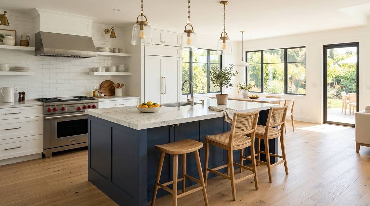 Kitchen island cost summary image with painted island cabinetry, quartz countertop, and seating