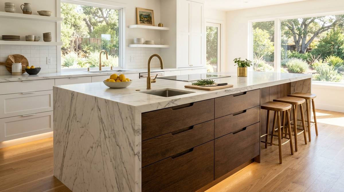 Custom kitchen island with prep sink, waterfall edge, and integrated storage drawers
