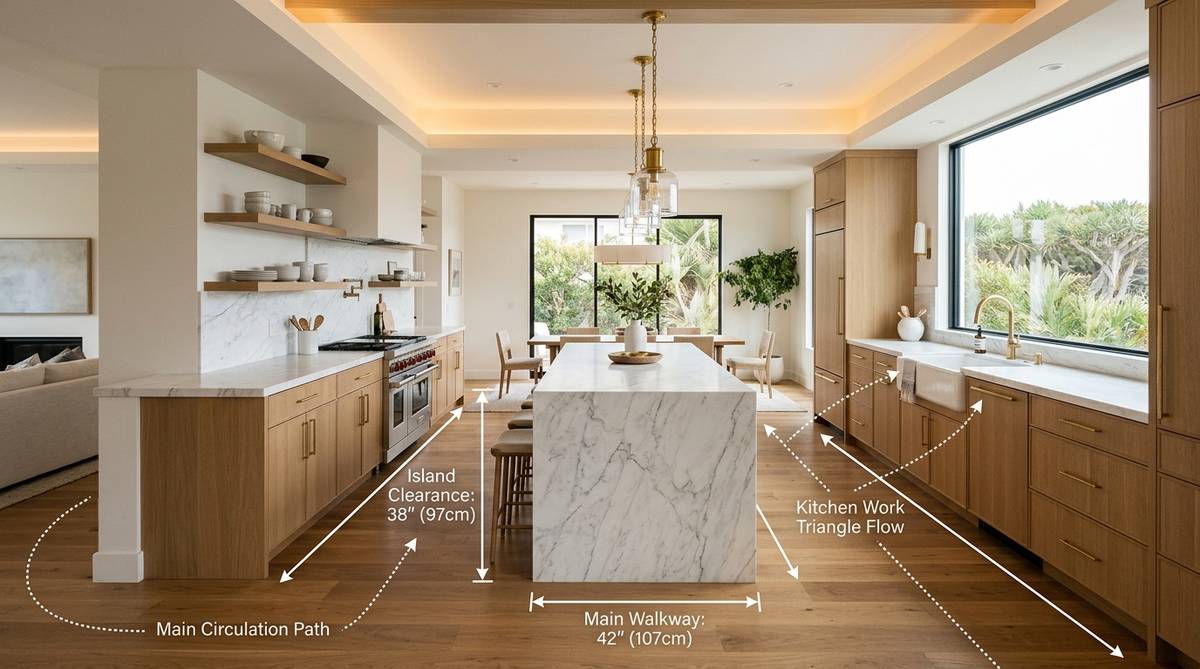 Kitchen island layout with proper clearance measurements and traffic flow planning