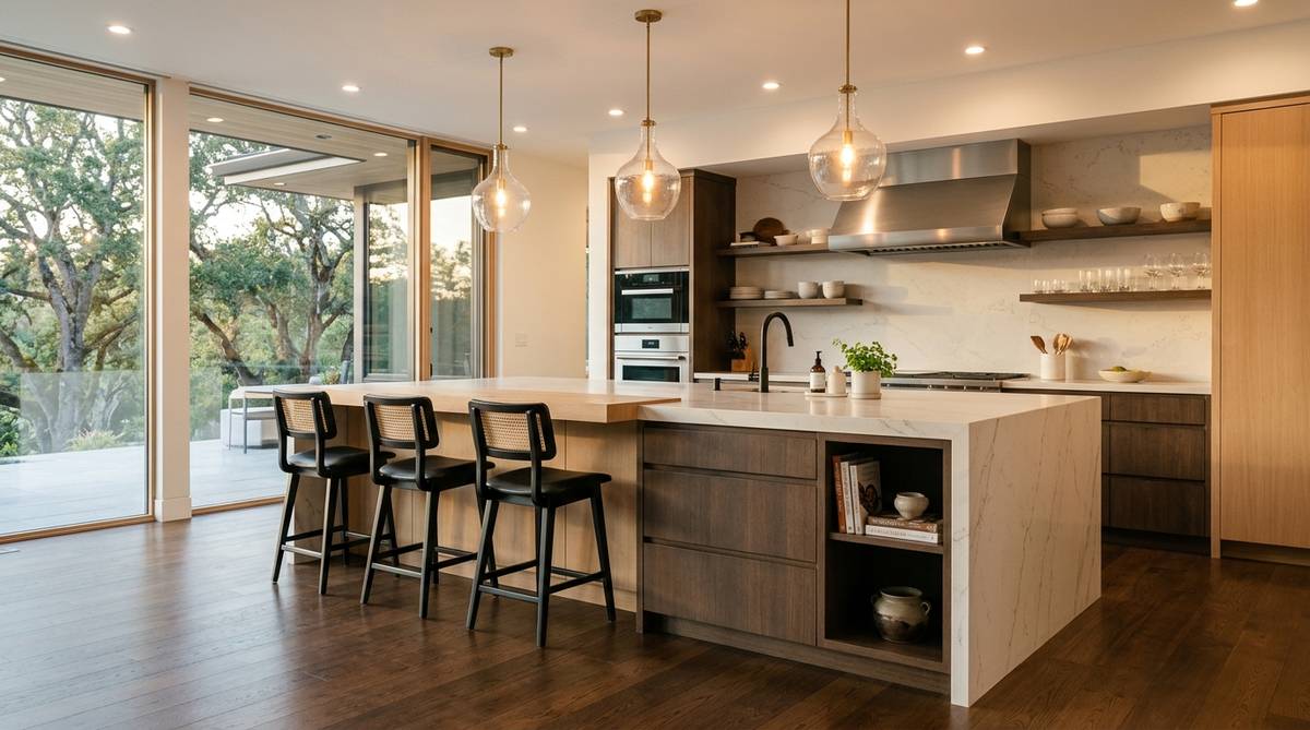 Custom kitchen island with waterfall quartz countertop and integrated seating
