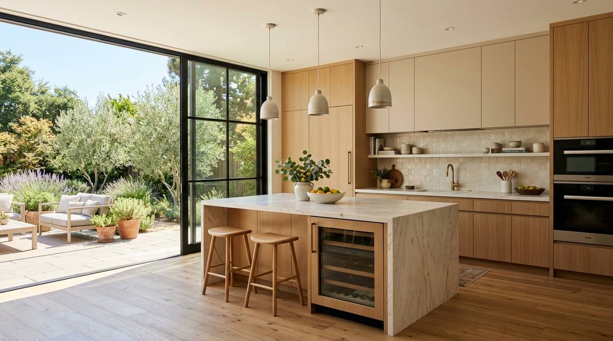 2026 Bay Area kitchen remodel trends with integrated appliances warm neutrals and indoor outdoor flow