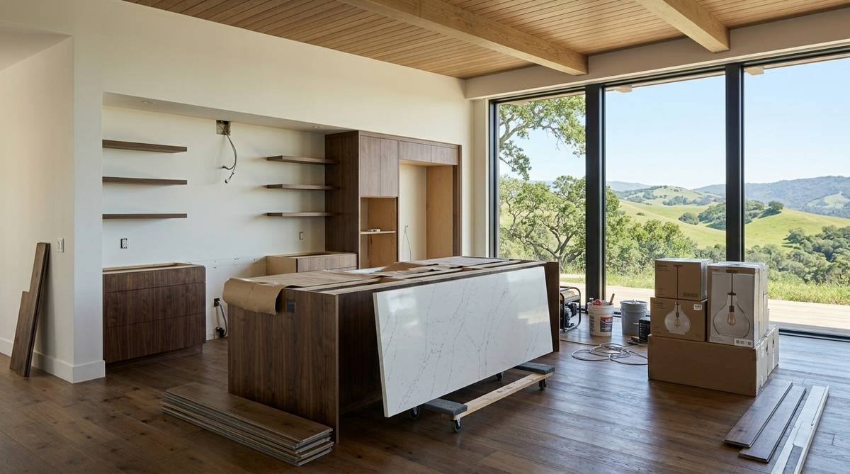 Bay Area kitchen remodel process with demolition complete cabinets staged and countertops ready for installation