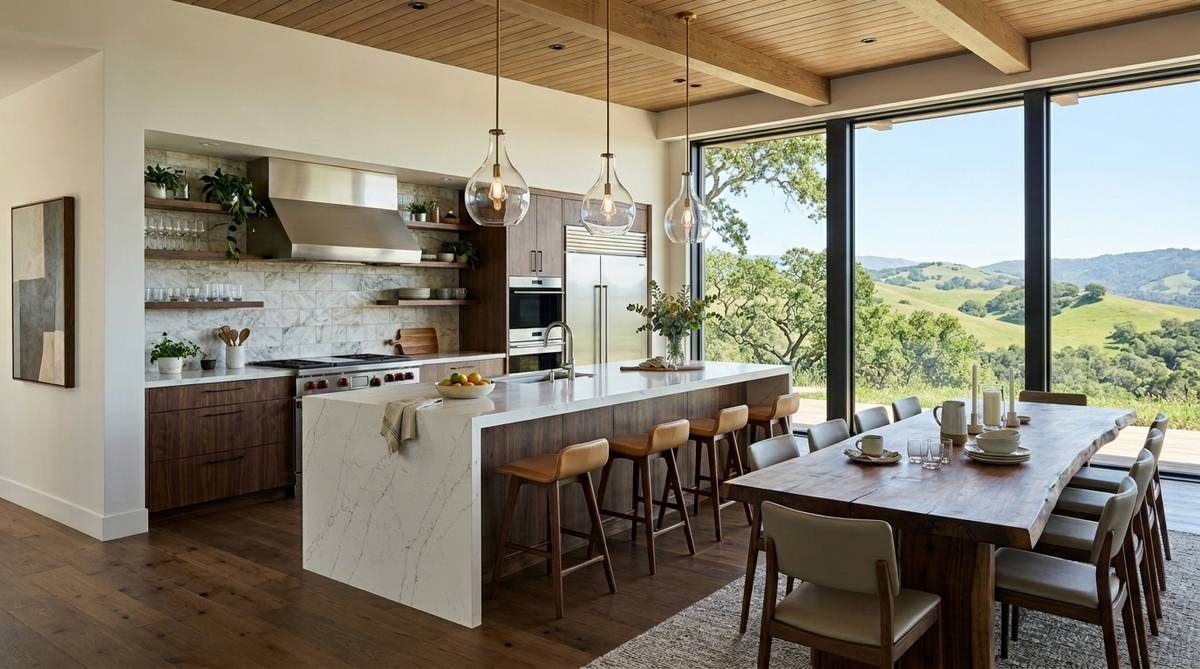 Finished Bay Area kitchen remodel in a recognizable regional home type with custom cabinetry island and indoor-outdoor connection