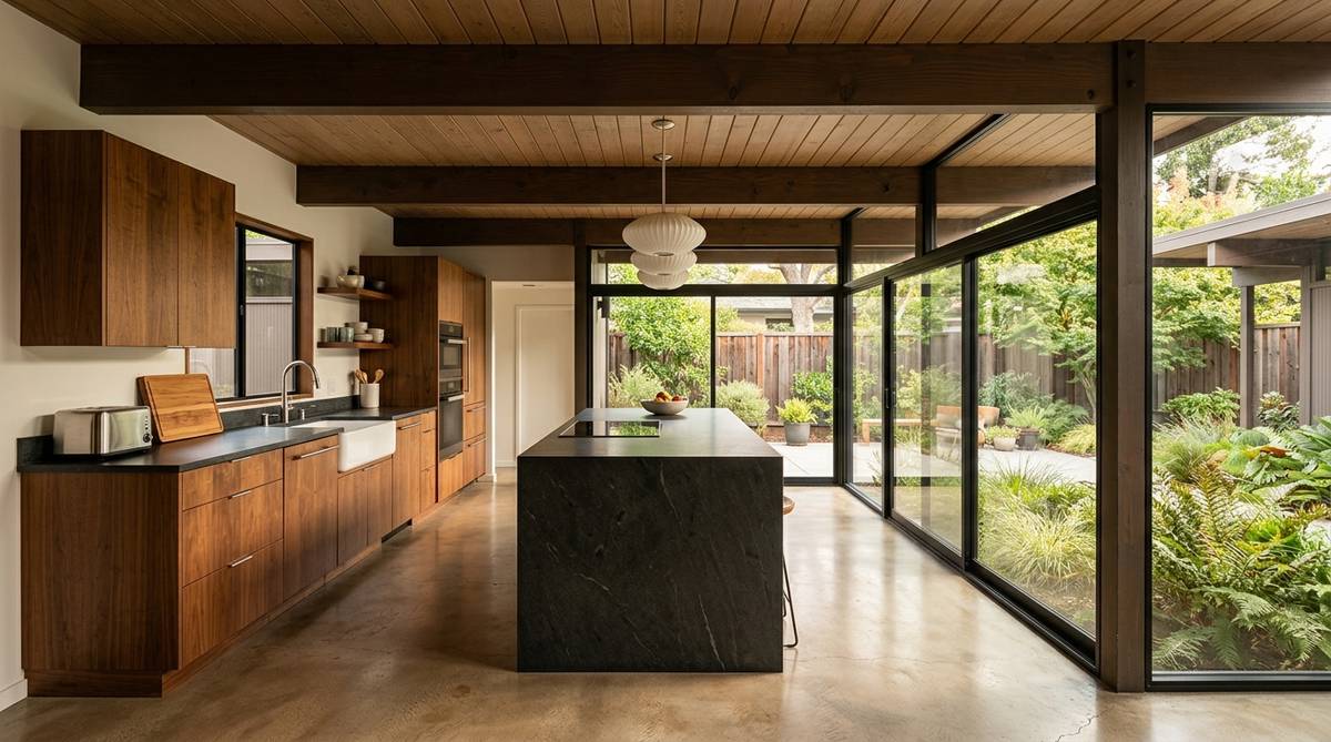 Eichler kitchen remodel in Palo Alto with post-and-beam ceiling and indoor-outdoor glass walls