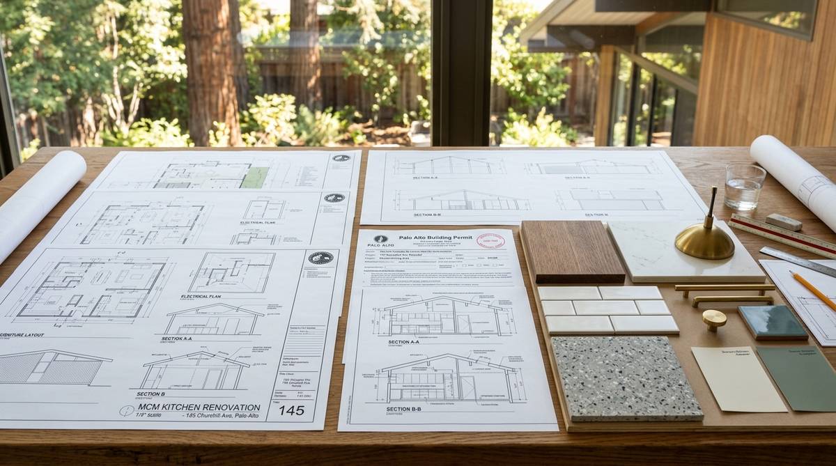 Palo Alto kitchen remodel permit plans and mid-century renovation documents on a drafting table