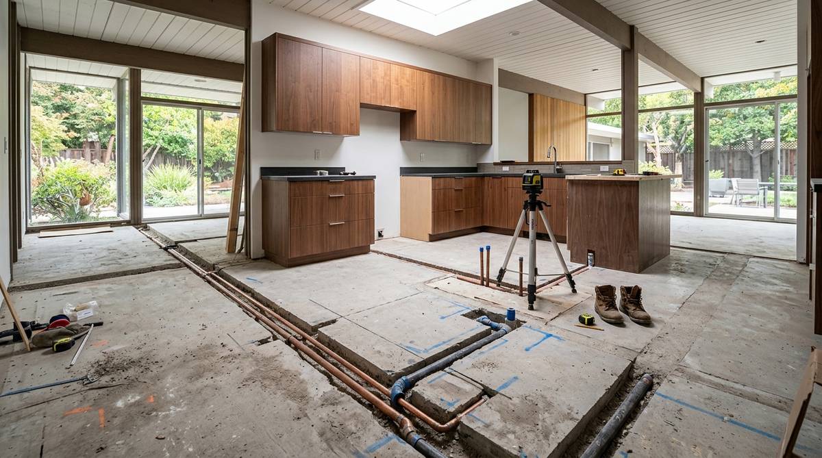 Eichler-style Palo Alto kitchen remodel showing slab plumbing planning and refined mid-century finishes