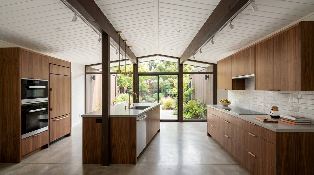 Palo Alto mid-century ranch kitchen layout renovation with structural beam detail and warm wood finishes
