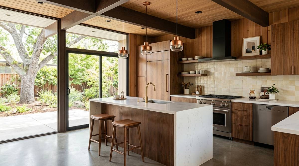 High-end Palo Alto kitchen remodel example with premium mid-century finishes and appliances
